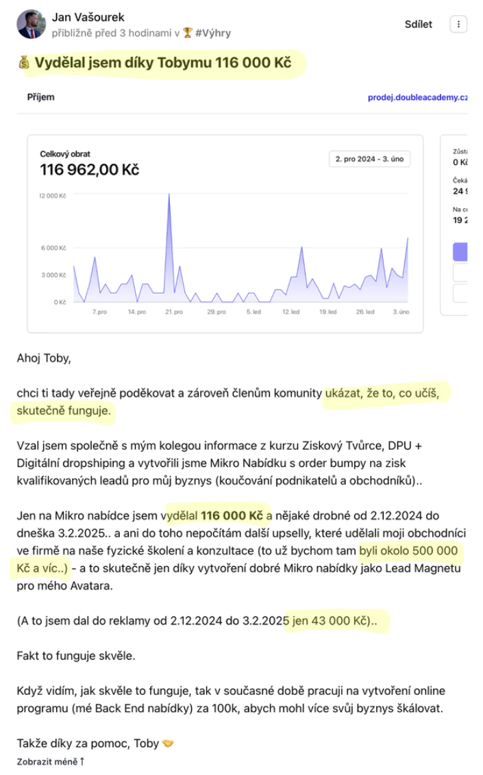 Jan Vašourek - vydělal 116 000 Kč na Mikro nabídce